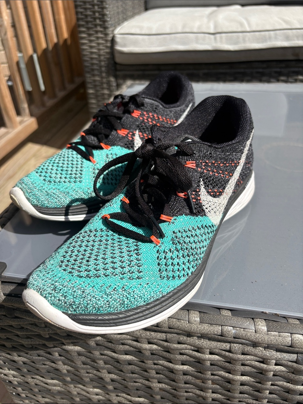 Nike Teal, Black and White Flyknit Athletic Shoes